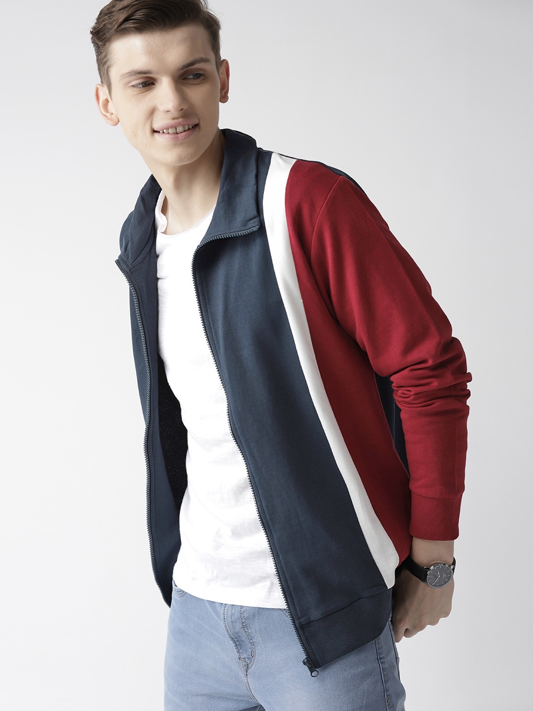 

Mast & Harbour Men Navy Blue & Maroon Colourblocked Sweatshirt
