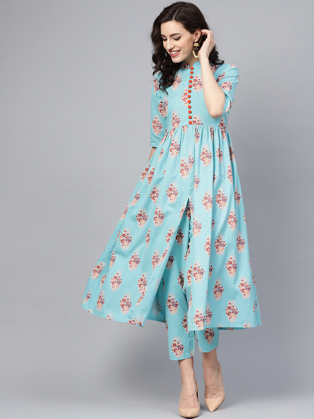 

Libas Women Blue & Orange Printed Kurta with Trousers