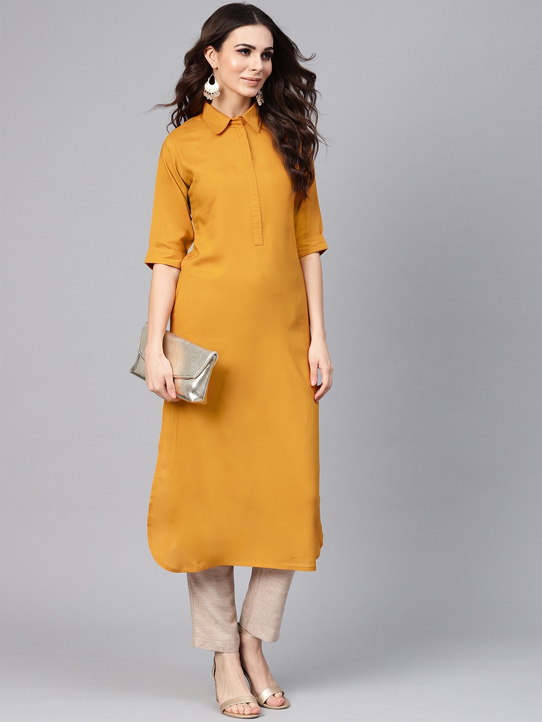 

Libas Women Mustard Yellow Solid Pathani Kurta