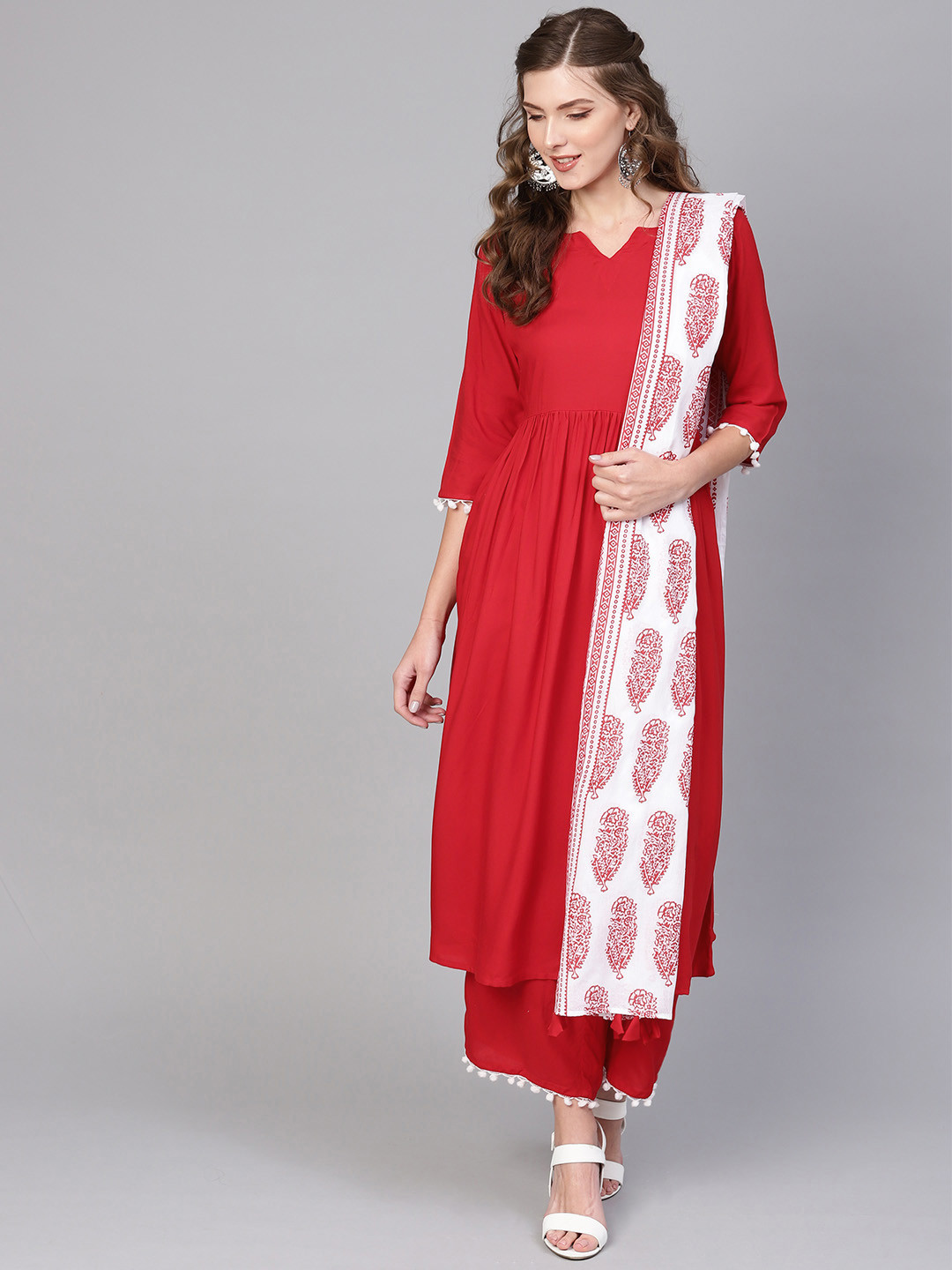 

Libas Women Red Solid Kurta with Palazzos & Dupatta