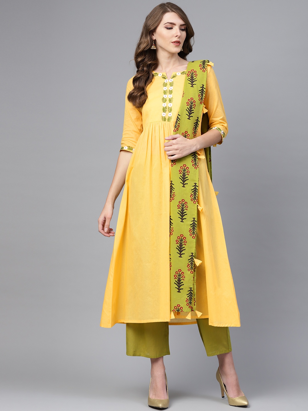 

Libas Women Yellow & Green Solid Kurta with Trousers & Dupatta