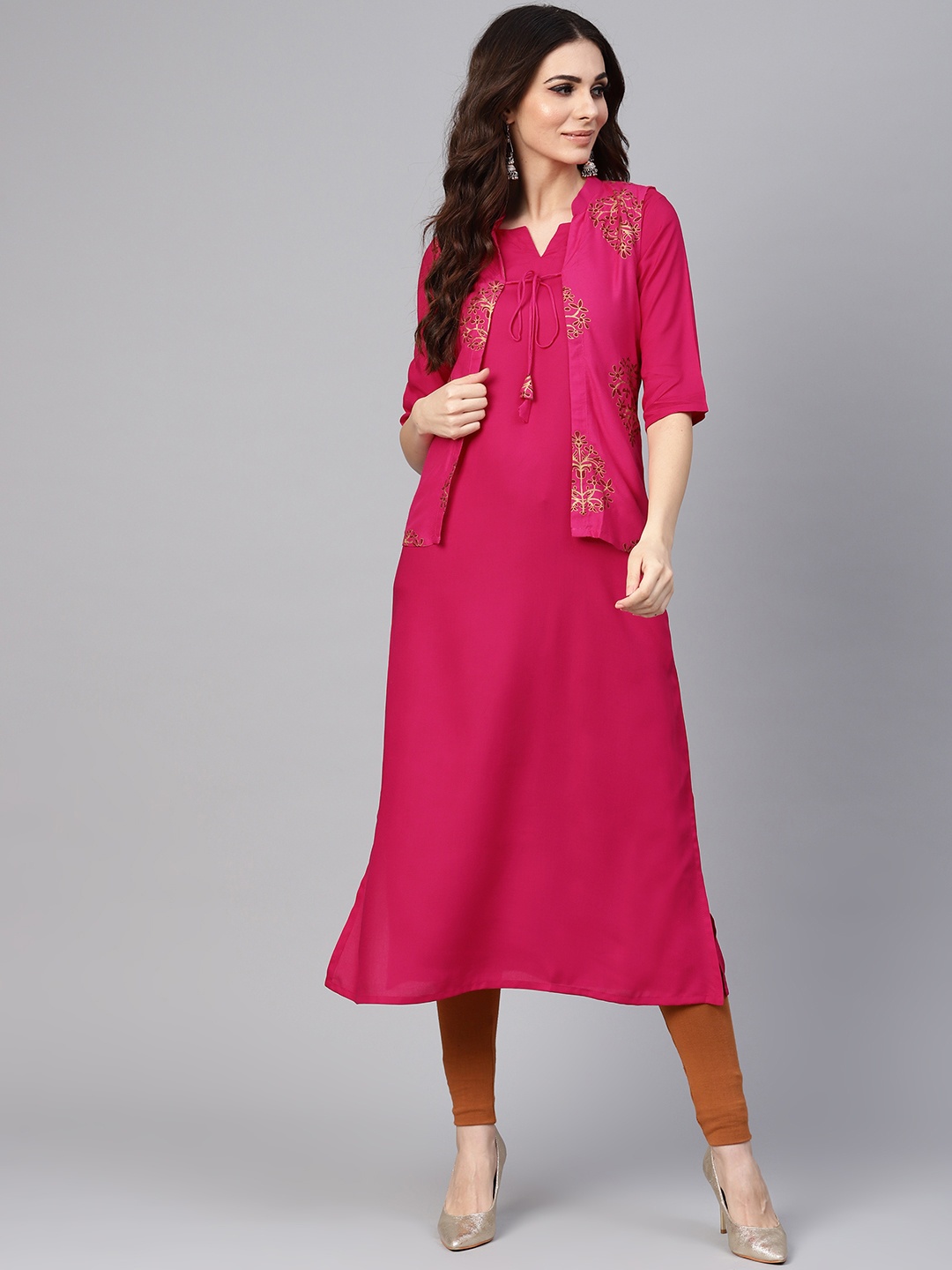 

Libas Women Pink Solid Straight Layered Kurta with Hand Block Printed Jacket
