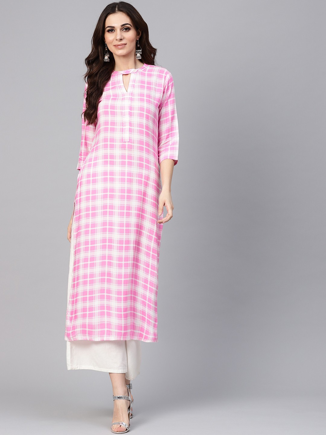 

Libas Women Pink & White Checked Straight Kurta