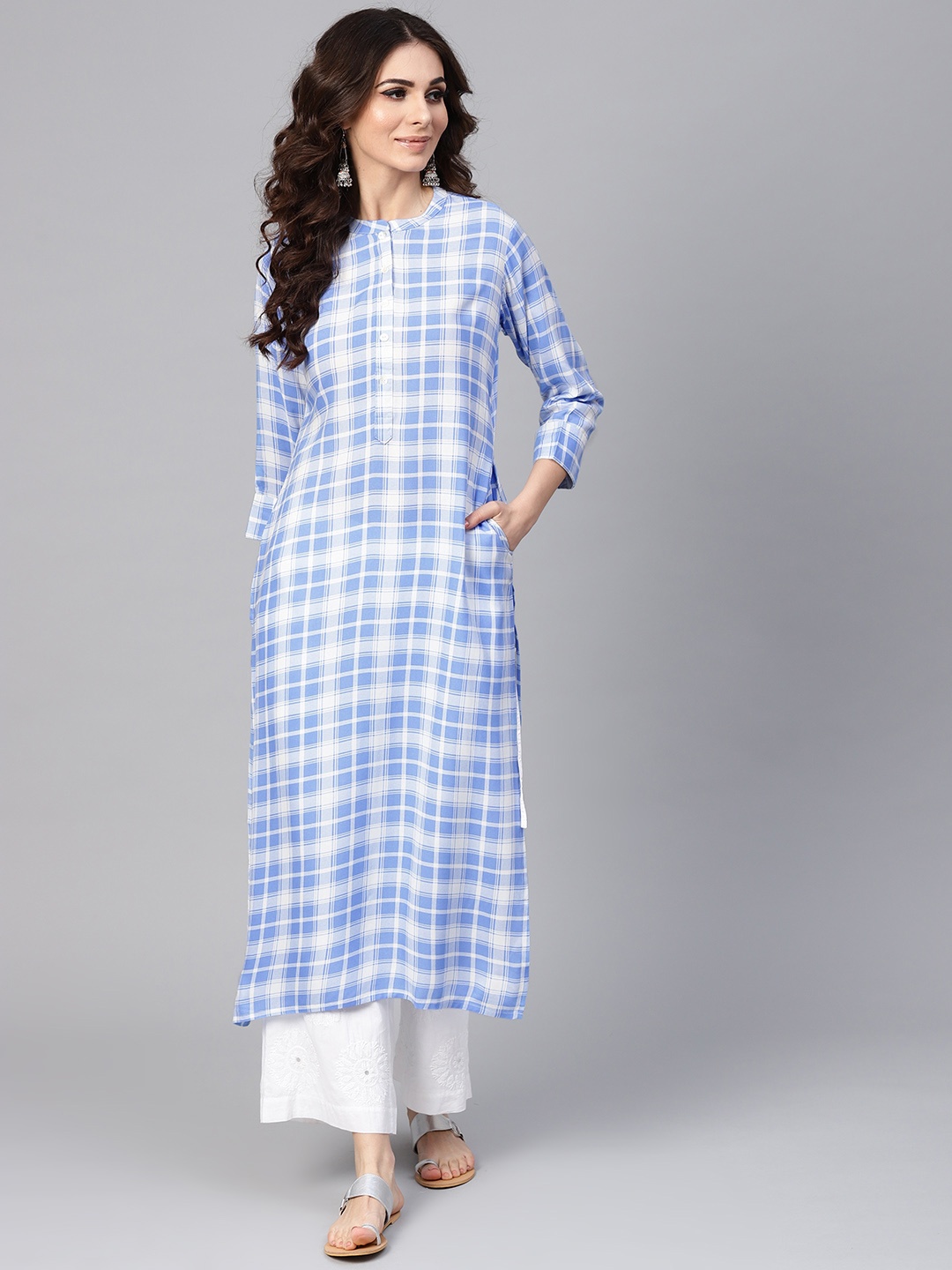 

Libas Women Blue & White Checked Straight Kurta