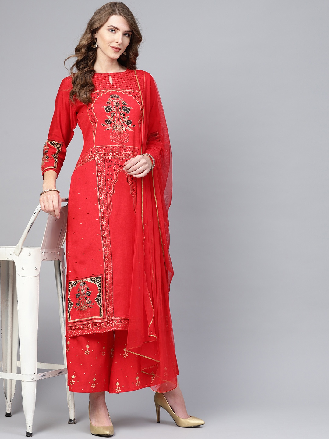 

Libas Women Red & Golden Block Print Kurta with Palazzos & Dupatta