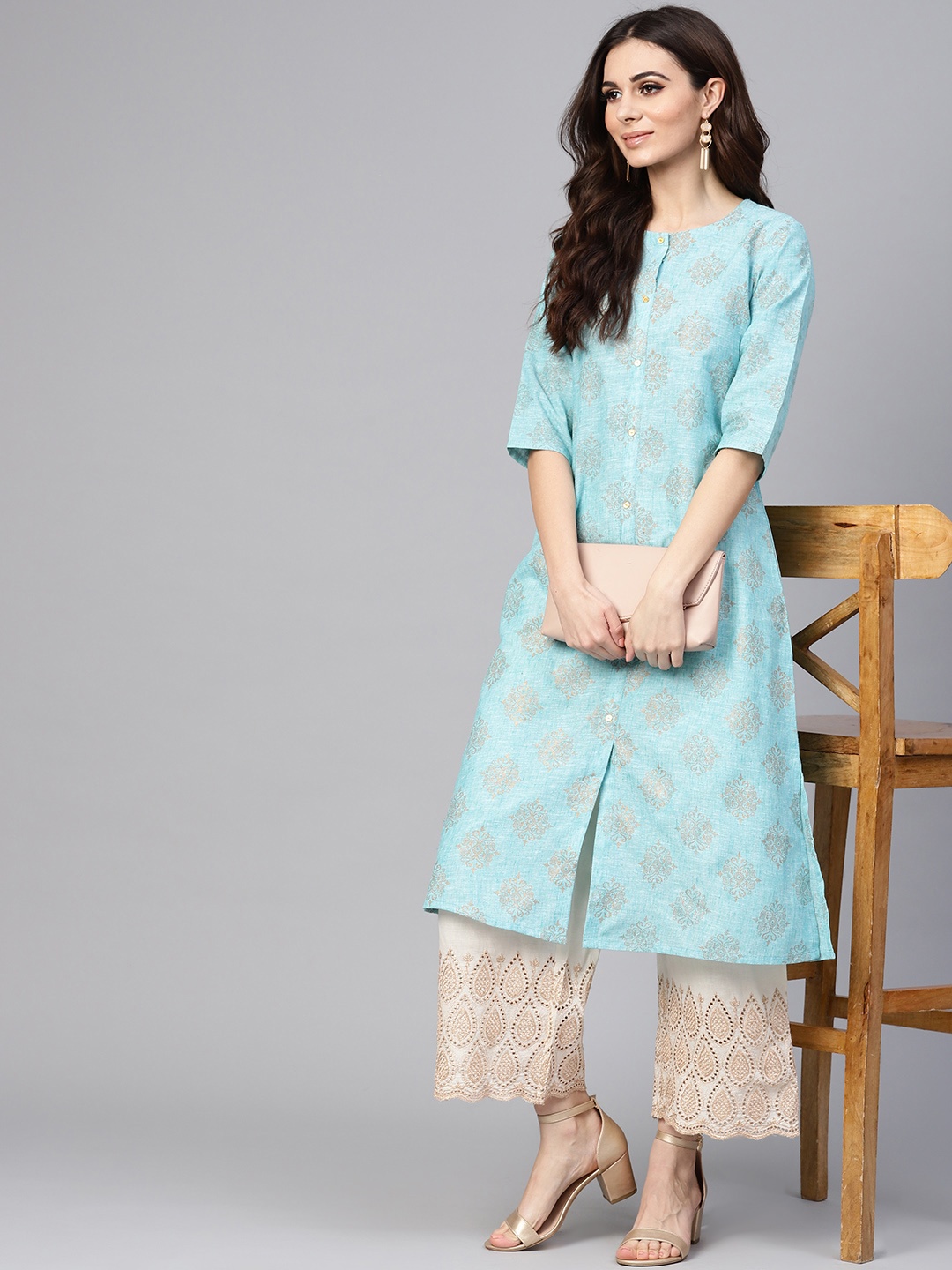 

Libas Women Blue & Off-White Block Print Kurta with Palazzos