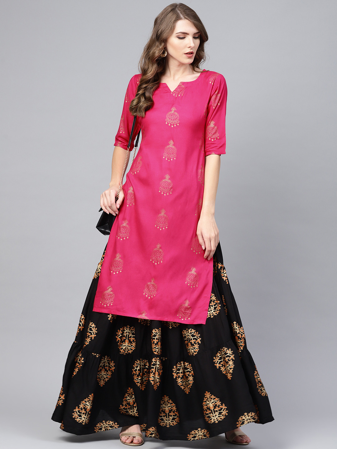 

Libas Women Pink & Black Block Print Kurta with Skirt