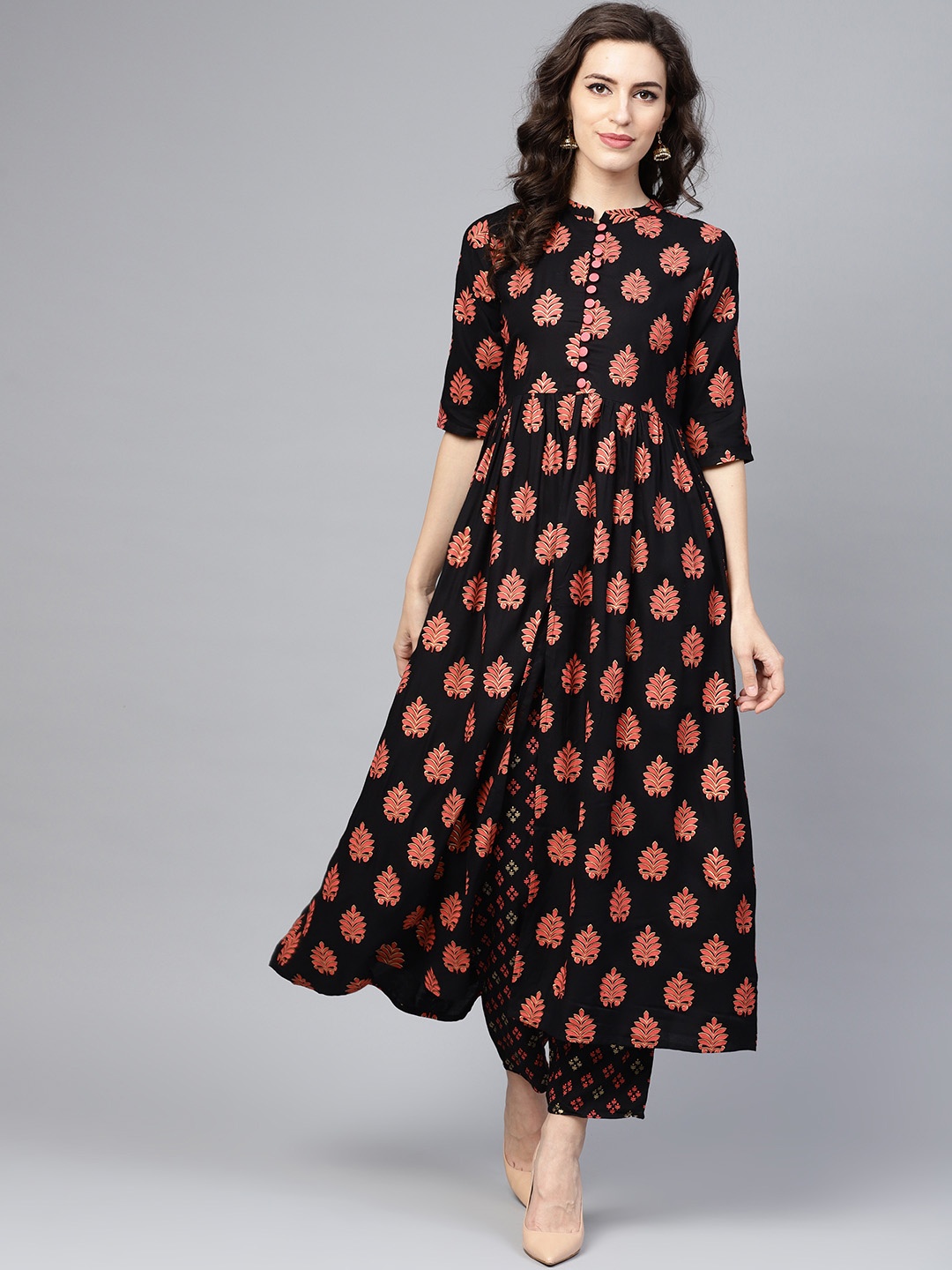 

Libas Women Black & Peach-Coloured Block Print Kurta with Trousers