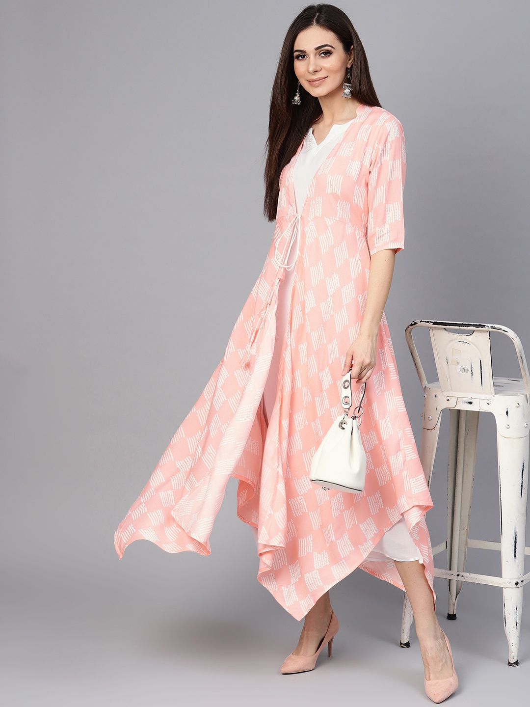 

Libas Women Peach-Coloured & White Printed A-Line Dress with Ethnic Jacket