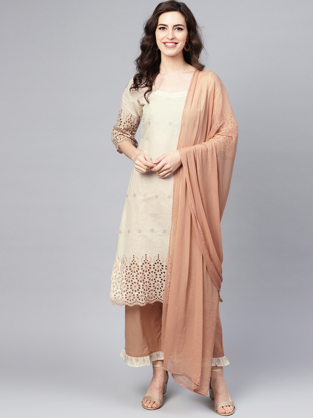 

Libas Women Off-White & Beige Embroidered Kurta with Palazzos & Dupatta