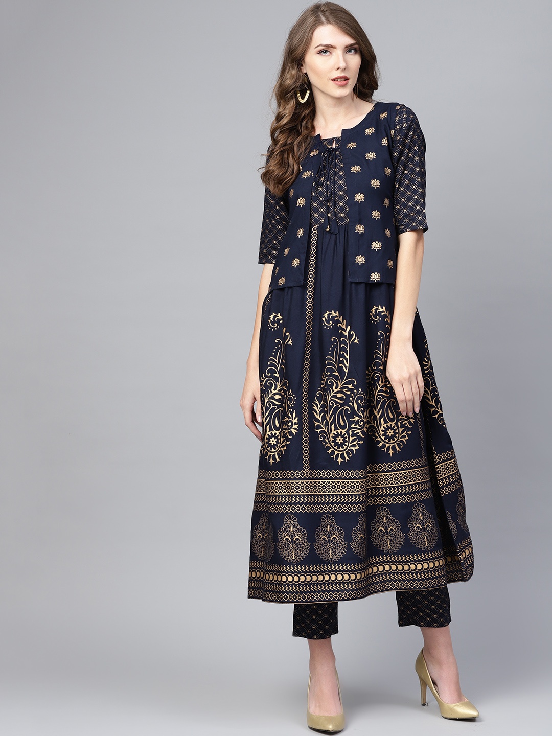 

Libas Women Navy Blue & Golden Block Print Kurta with Trousers & Ethnic Jacket