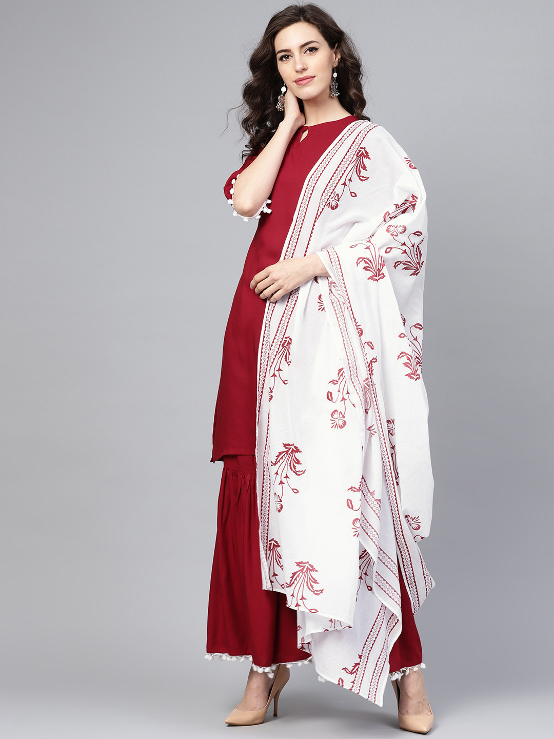

Libas Women Maroon & White Solid Kurta with Sharara & Dupatta