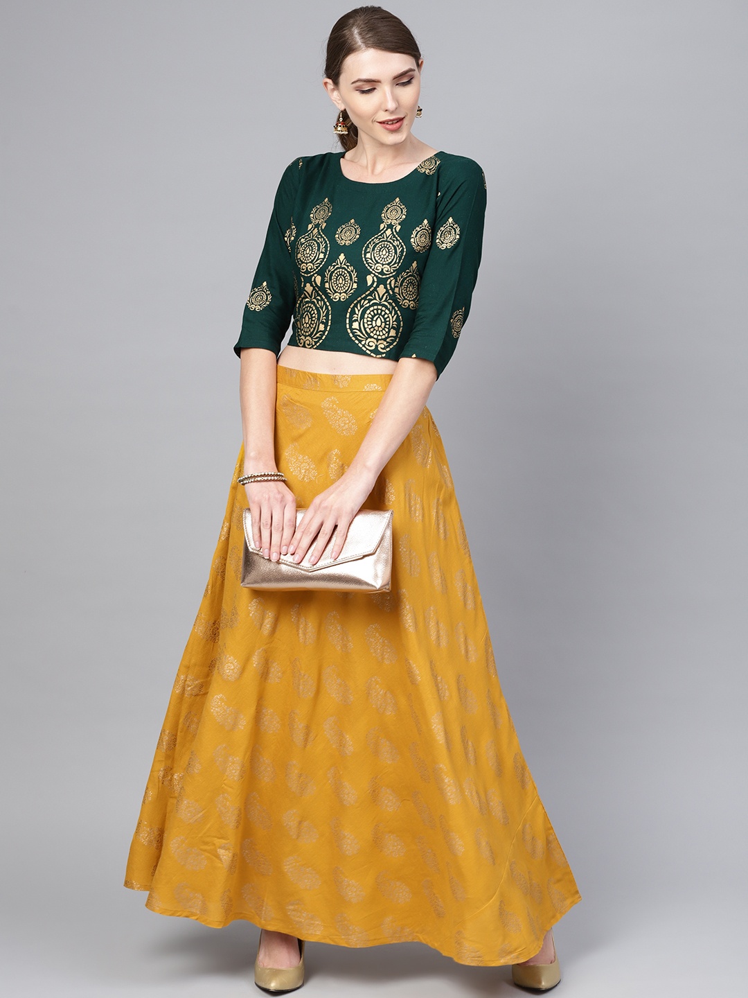 

Libas Women Green & Mustard Yellow Block Print Crop Top with Skirt