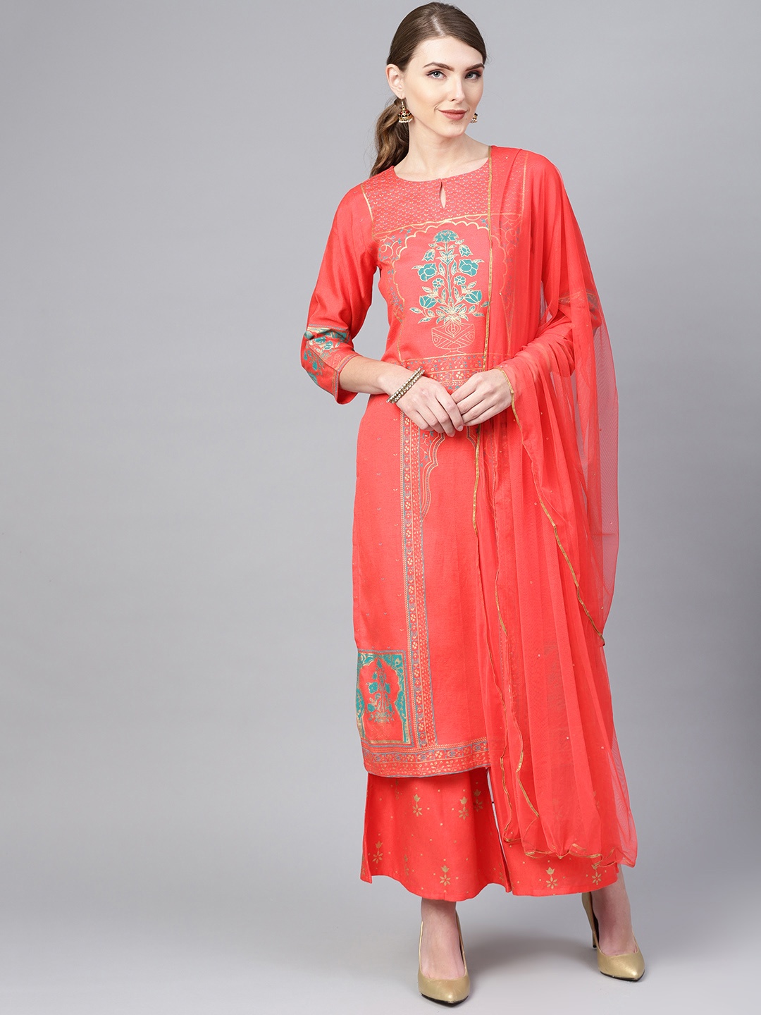 

Libas Women Coral Red & Golden Printed Kurta with Palazzos & Dupatta