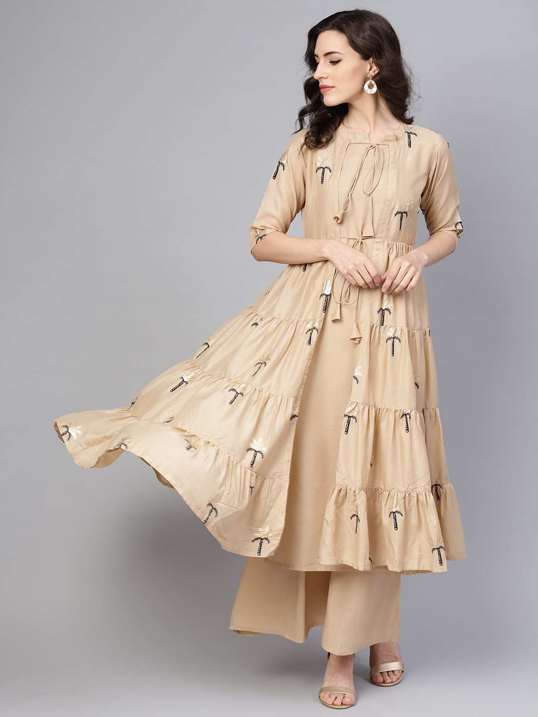 

Libas Women Beige & Black Block Print Layered Kurta with Palazzos