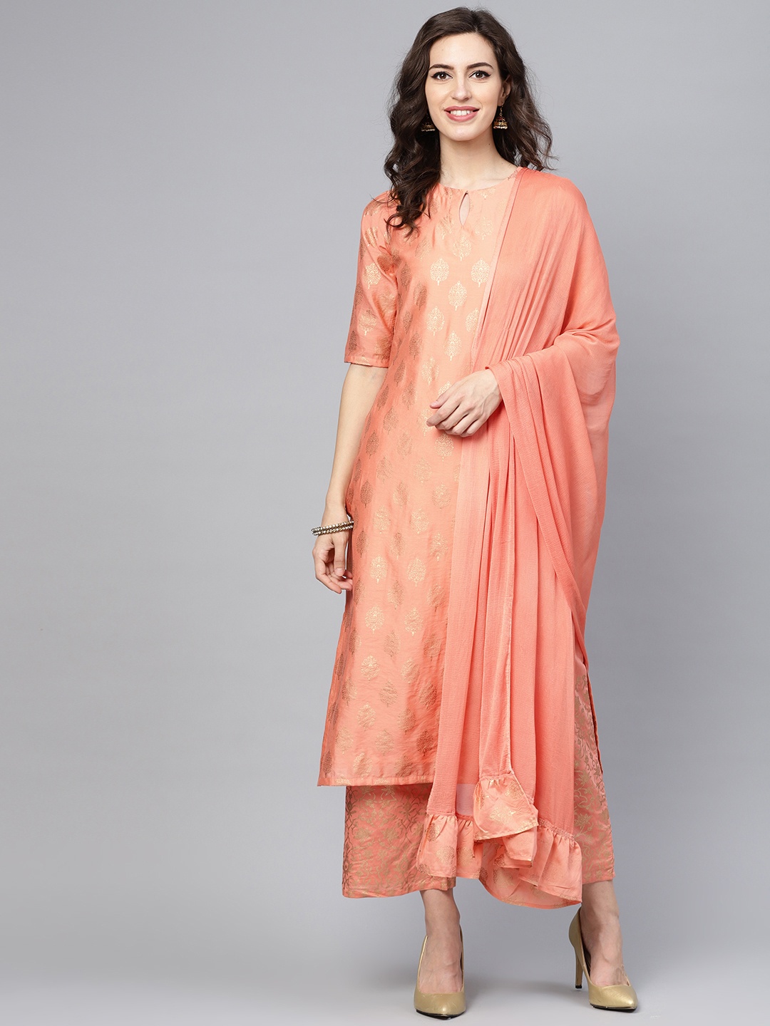 

Libas Women Peach-Coloured & Golden Block Print Kurta with Palazzos & Dupatta