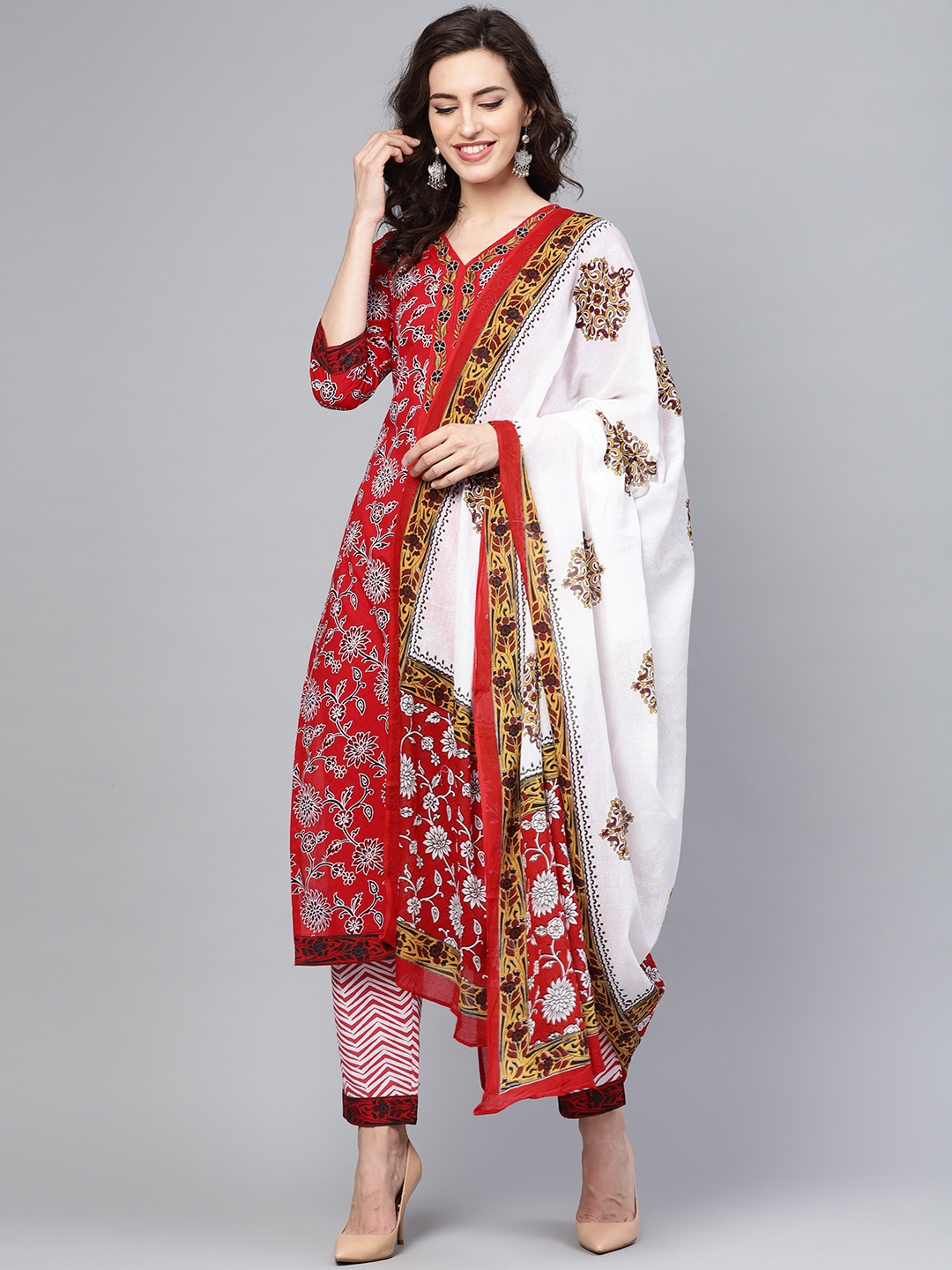 

Libas Women Red & White Block Print Kurta with Trousers & Dupatta