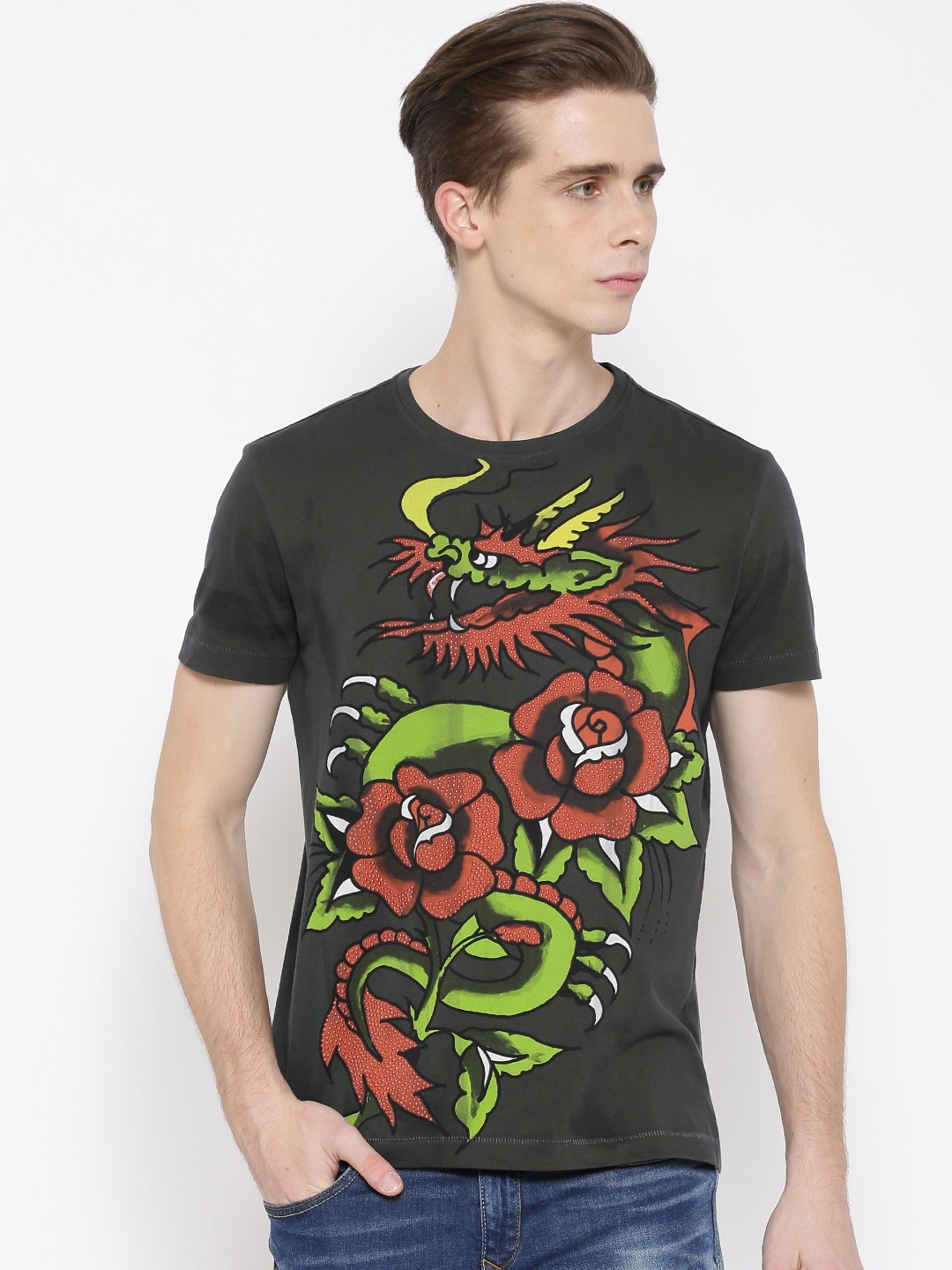 

Ed Hardy Men Charcoal Grey Printed Round Neck Pure Cotton T-shirt