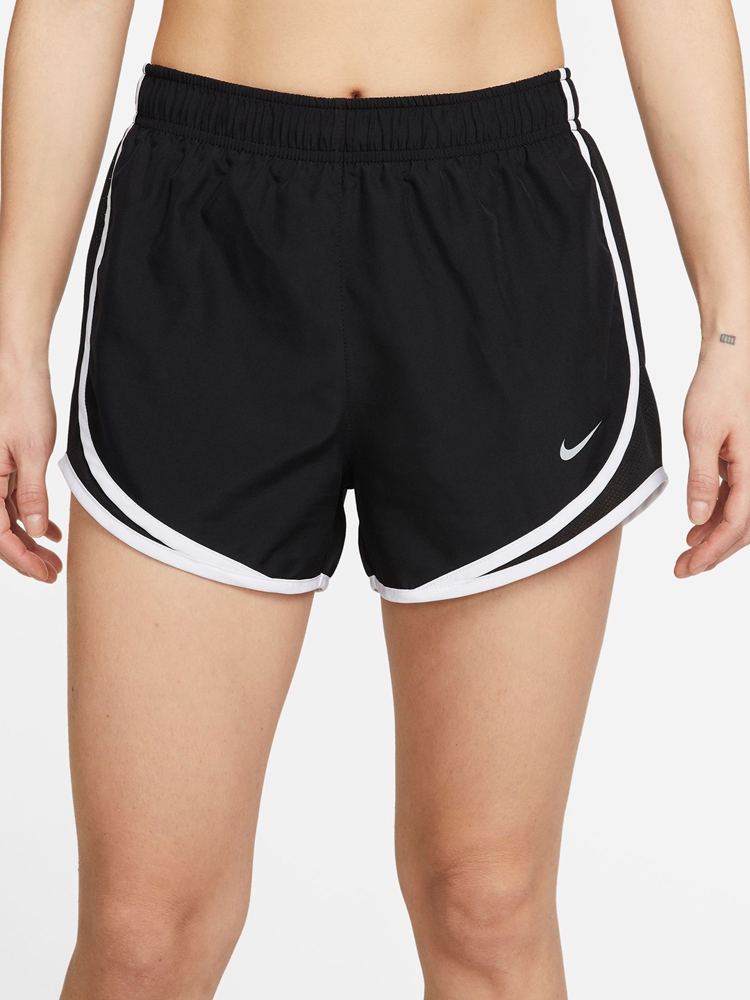 

Nike Women Black& White Solid Standard Fit AS W NK DRI-Fit Running Shorts