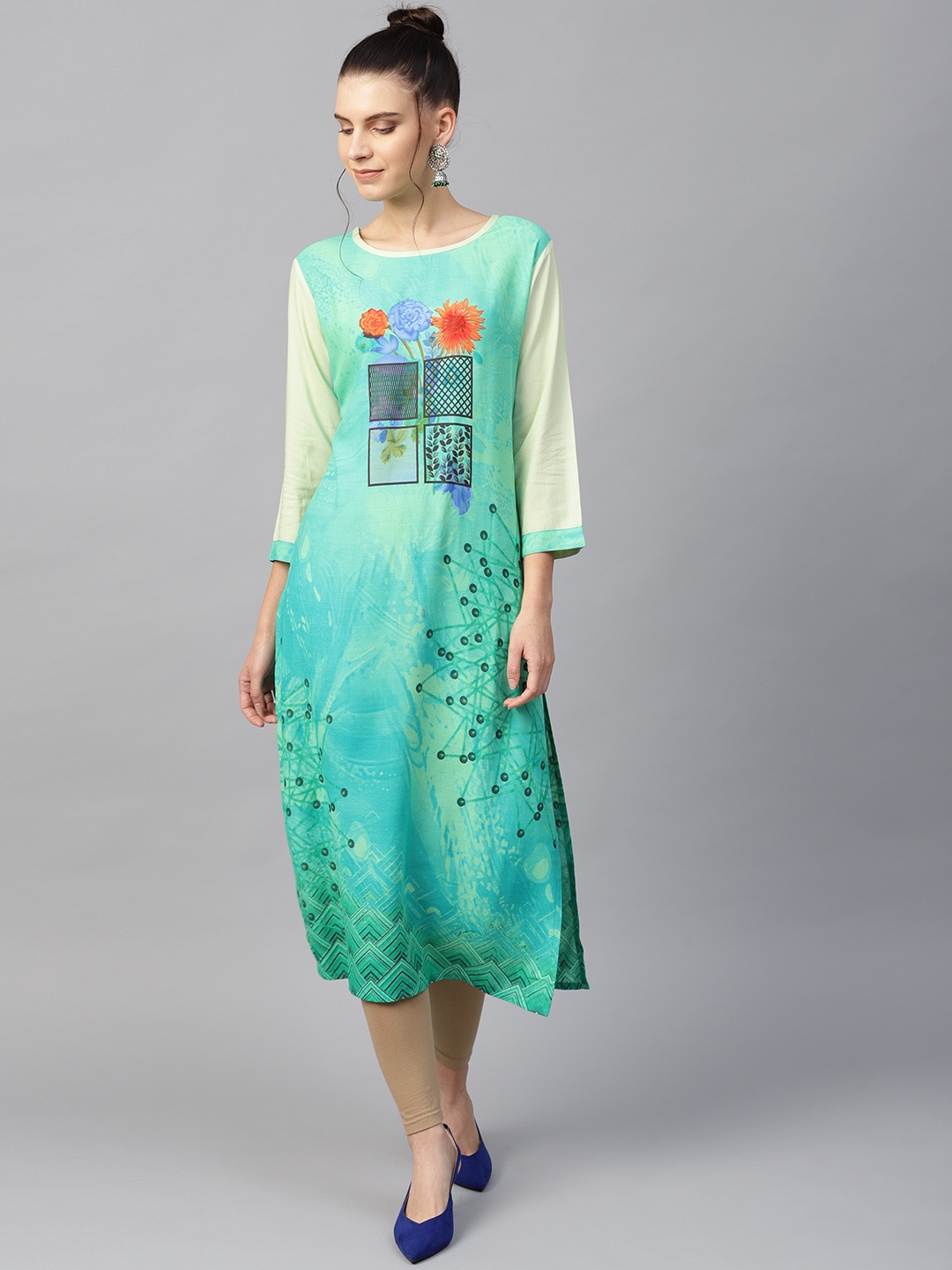 

ANAISA Women Green Printed Straight Kurta