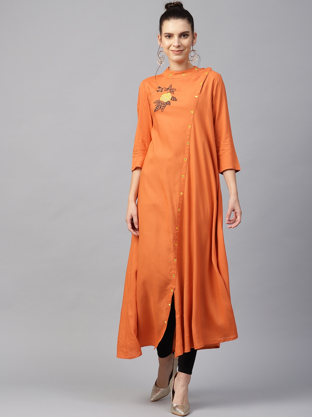 

ANAISA Women Rust Orange Embroidered A-Line Kurta