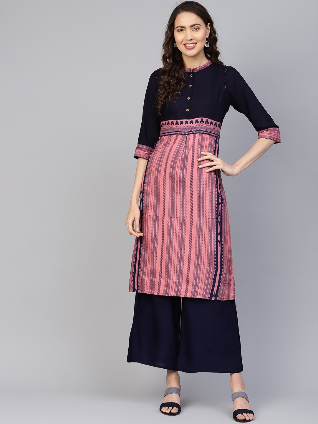 

ANAISA Women Pink & Navy Blue Striped Kurta with Palazzos