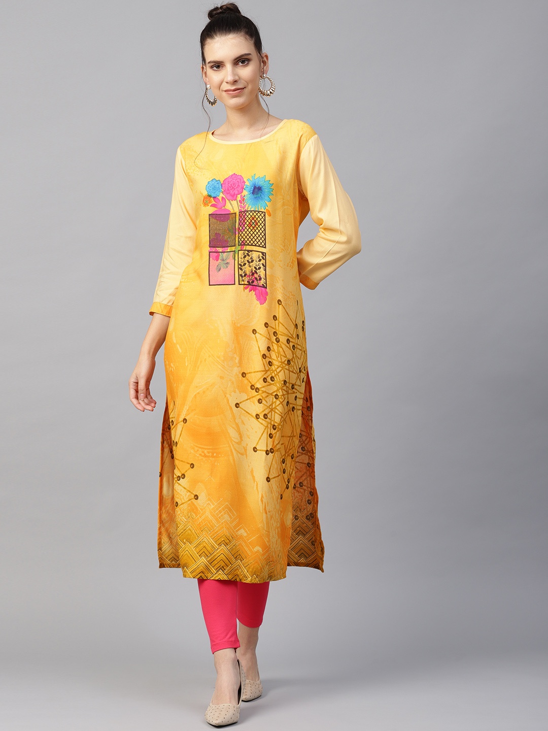 

ANAISA Women Yellow & Brown Printed Straight Kurta