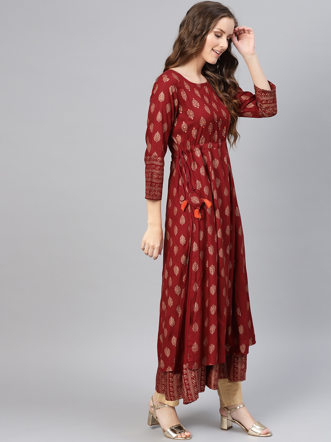 

ANAISA Women Maroon & Golden Mirror Work Layered A-Line Kurta