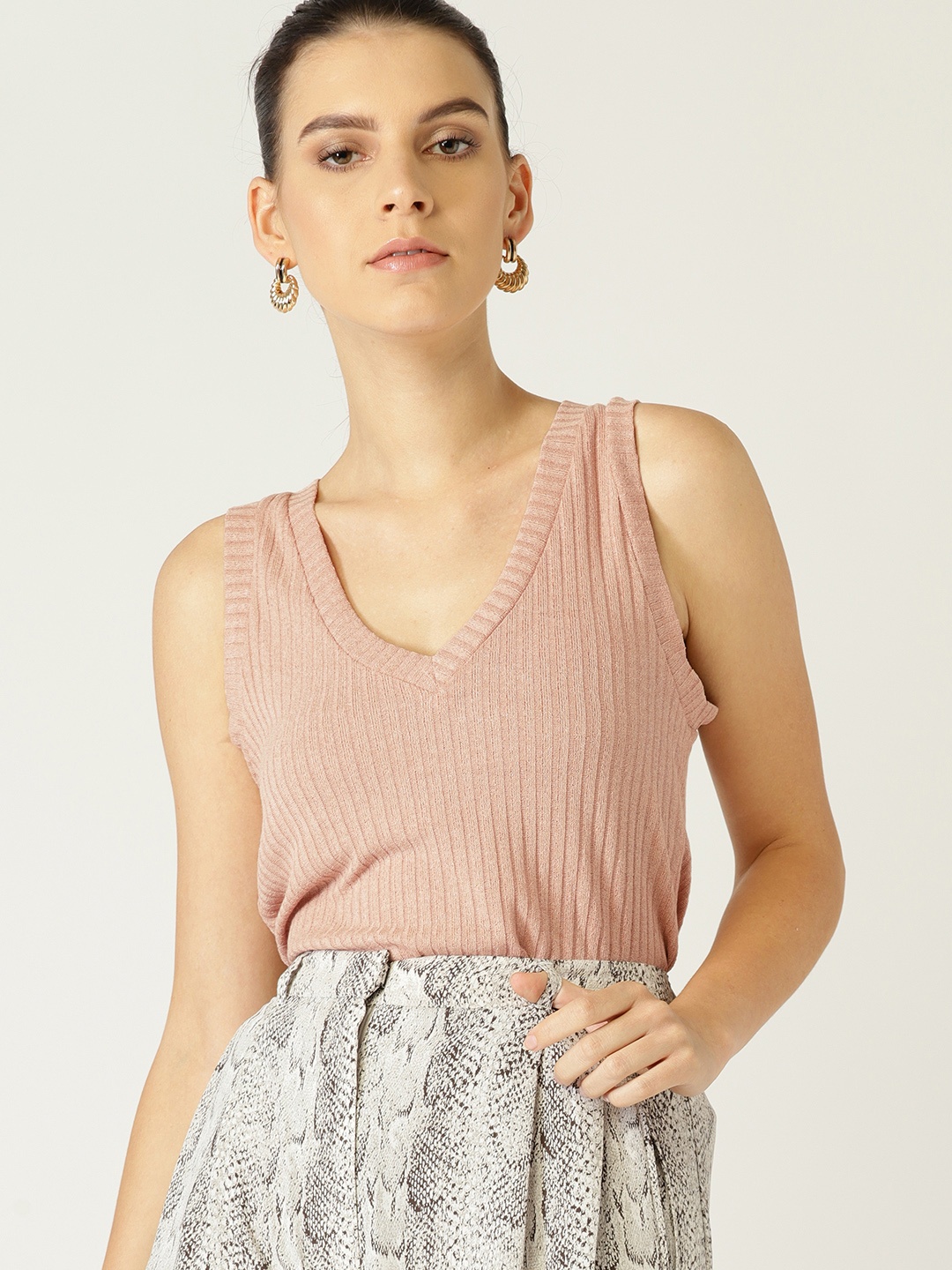 

MANGO Women Beige Self-Striped Top