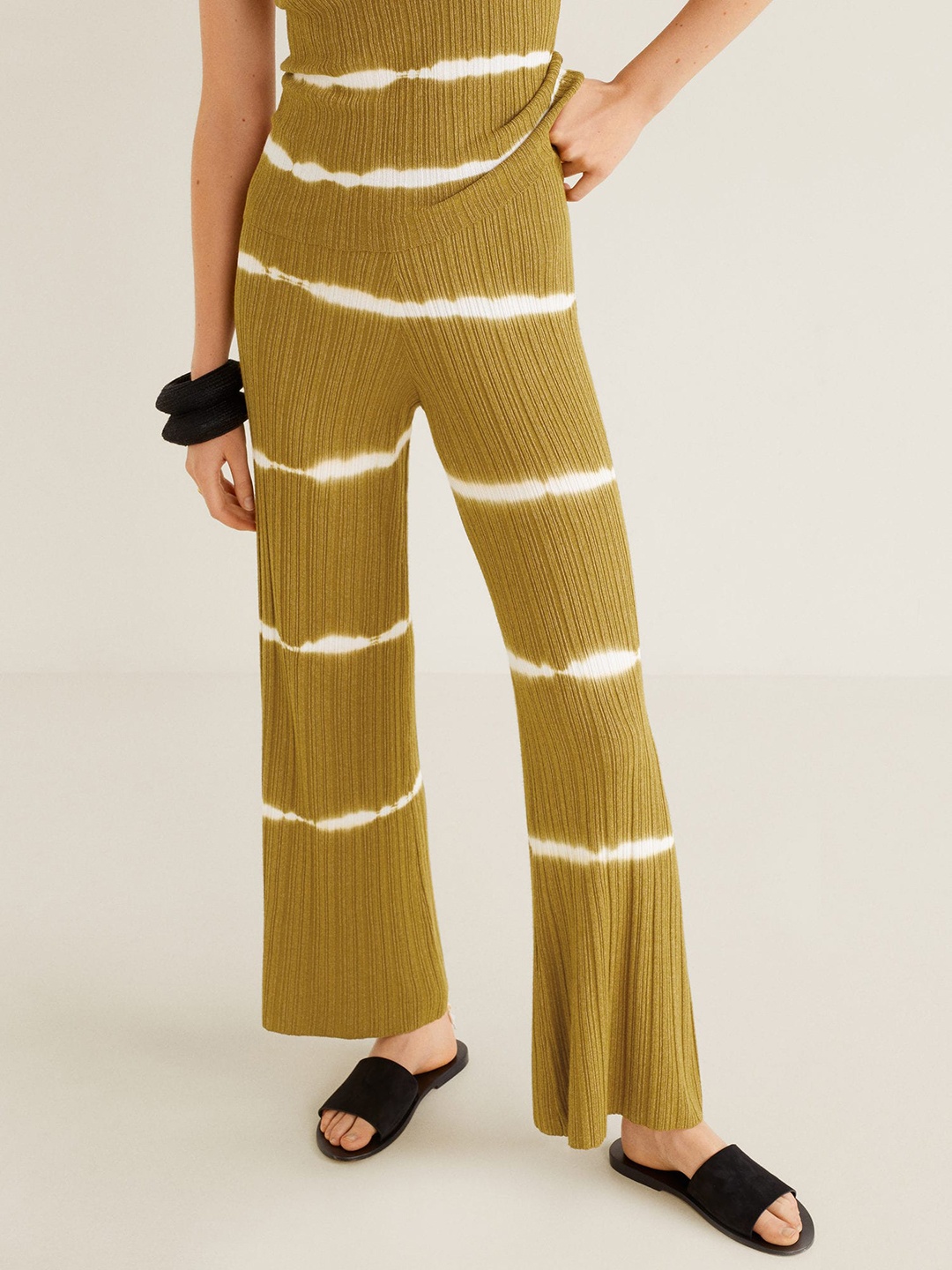 

MANGO Women Olive Brown & Off-White Regular Fit Striped Parallel Trousers