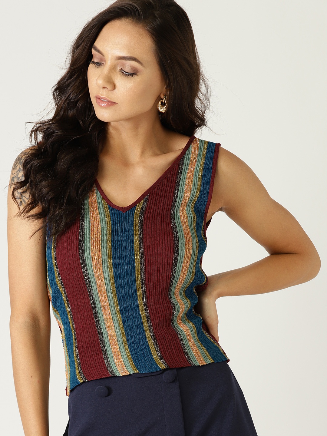 

MANGO Women Maroon Striped Styled Back Top