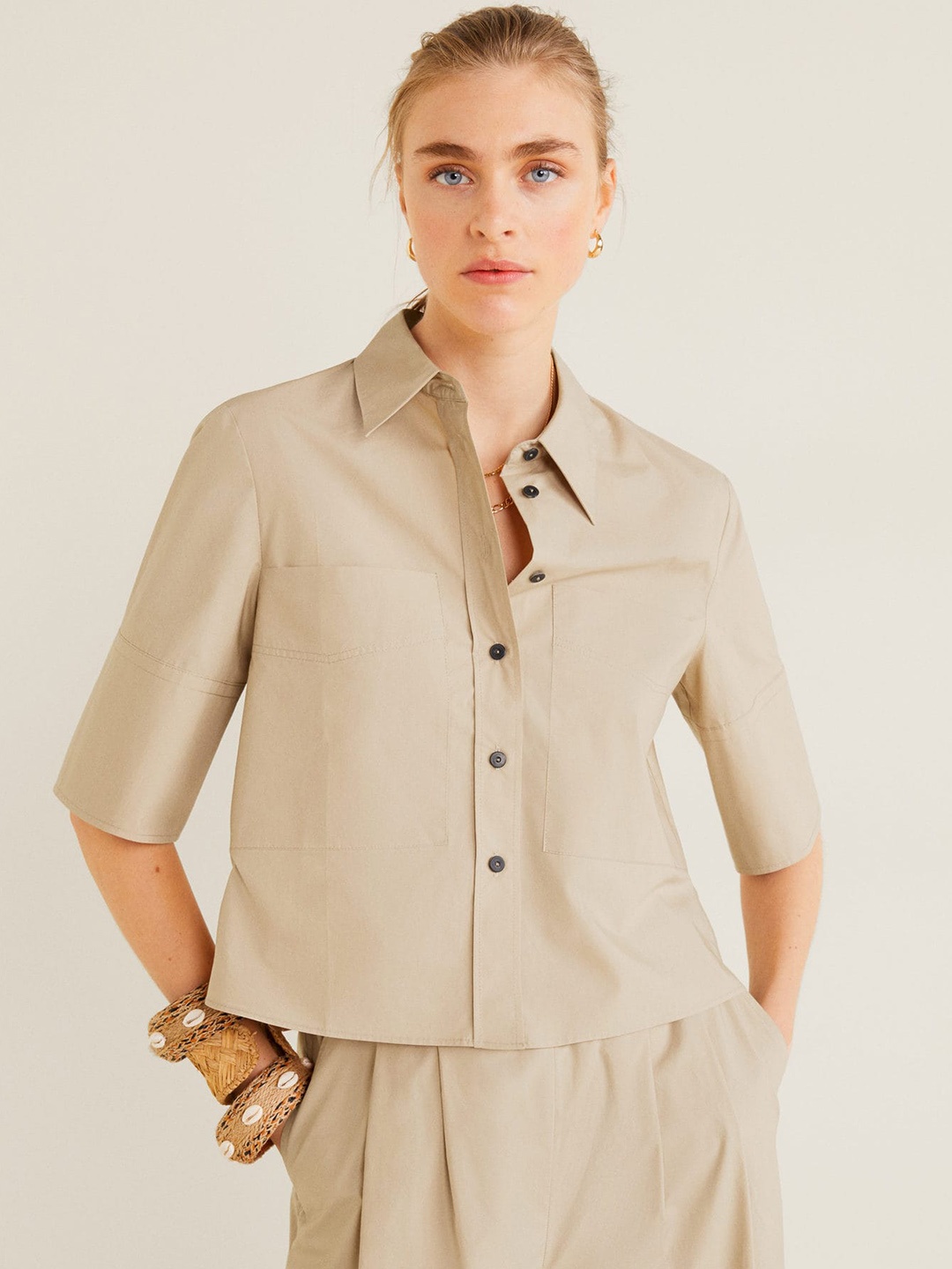 

MANGO Women Beige Regular Fit Solid Casual Shirt