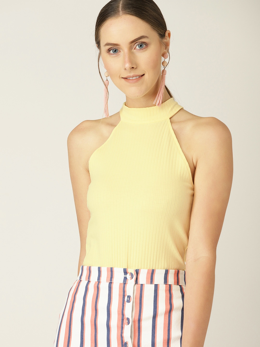 

MANGO Women Yellow Ribbed Fitted Top