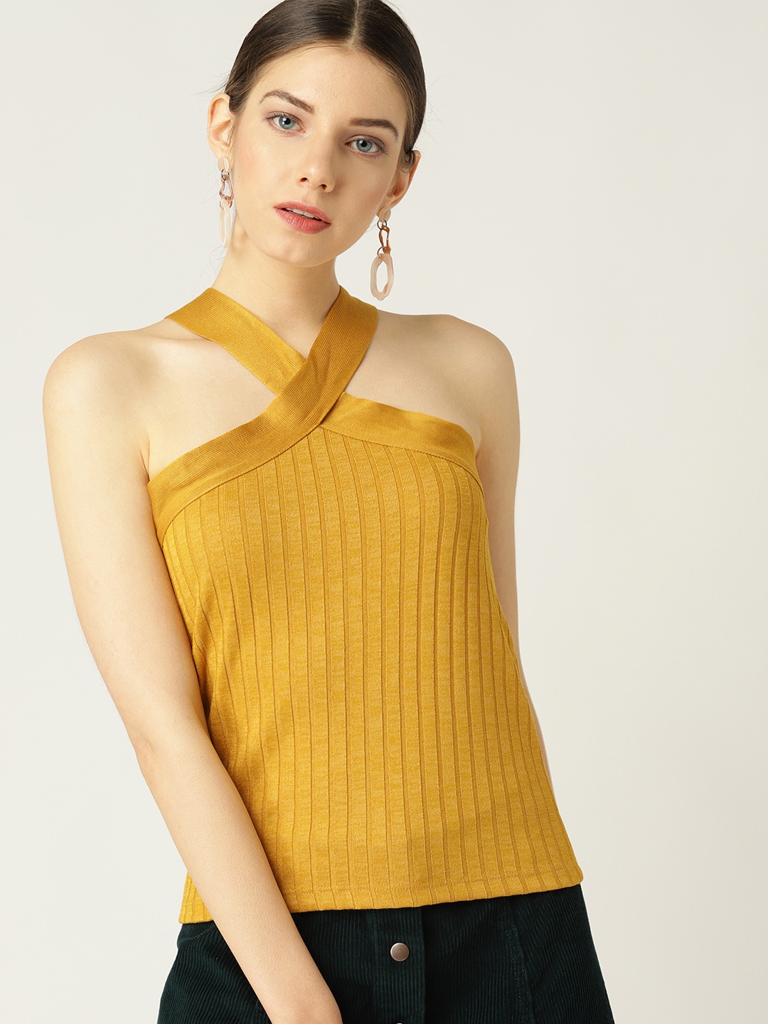 

MANGO Women Mustard Yellow Ribbed Fitted Top