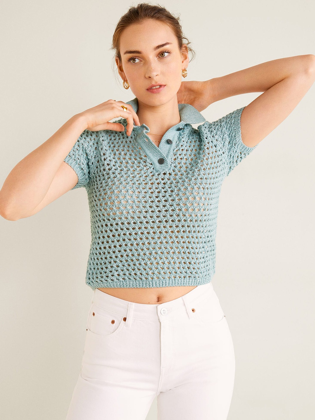 

MANGO Women Sea Green Self Design Shirt Style Sheer Crop Top