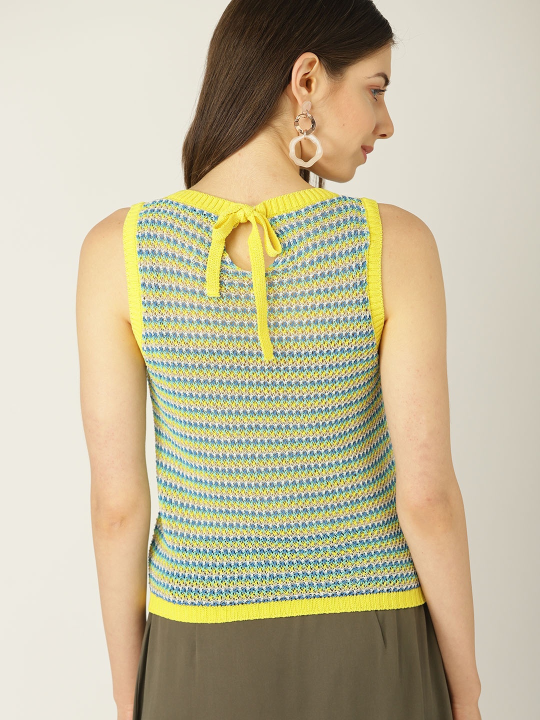 

MANGO Women Yellow & Blue Self Striped Styled Back Top
