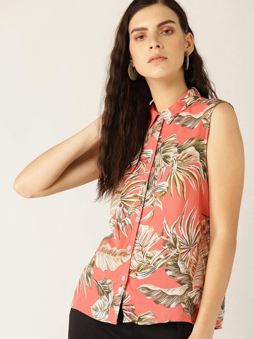 

MANGO Women Peach-Coloured & Green Regular Fit Printed Casual Shirt