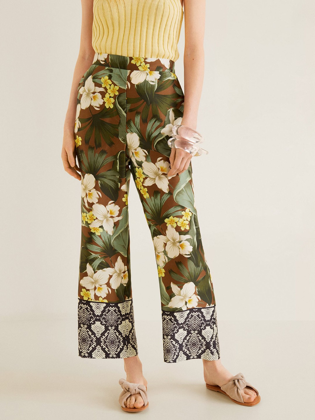 

MANGO Women Brown & Off-White Regular Fit Printed Parallel Trousers