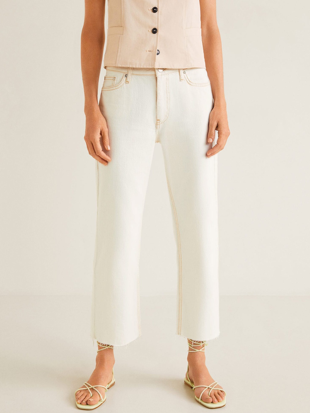 

MANGO Women Off-White Straight Fit Mid-Rise Clean Look Cropped Jeans