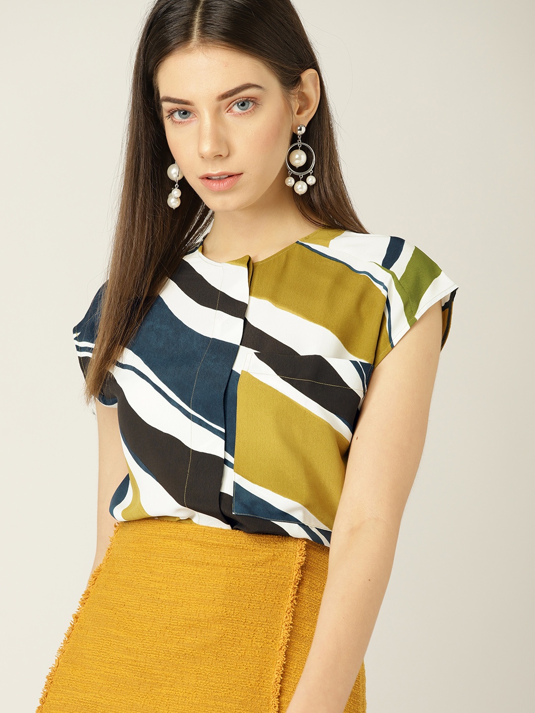 

MANGO Women Navy Blue & Green Striped A-Line Top