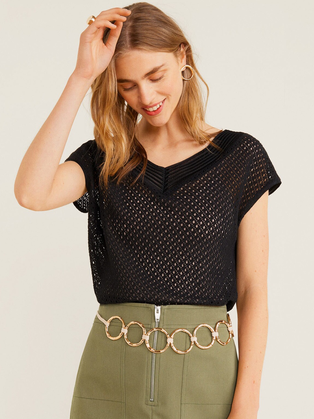 

MANGO Women Black Self Design Sheer Top