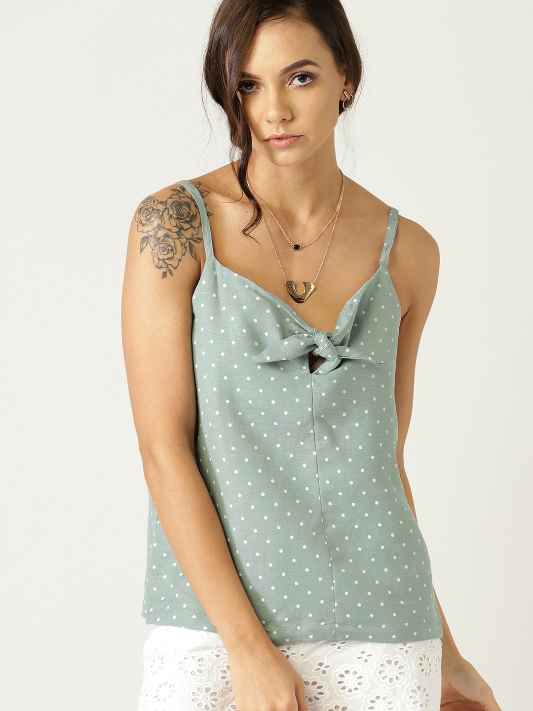 

MANGO Women Green & White Polka Dot Top