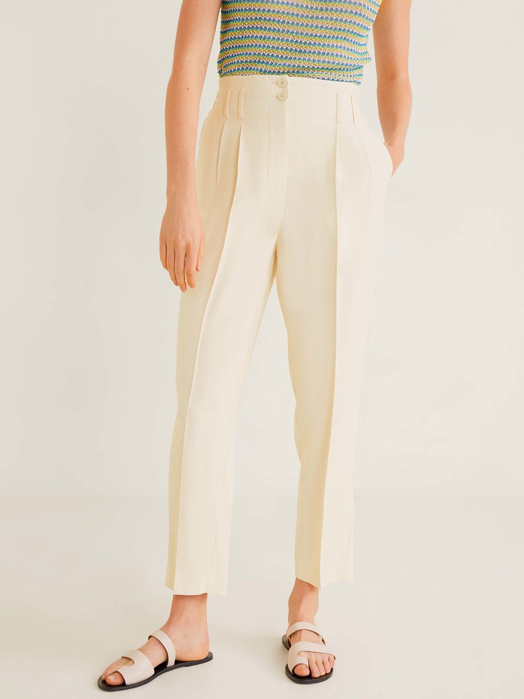 

MANGO Women Cream-Coloured Regular Fit Solid Cropped Trousers