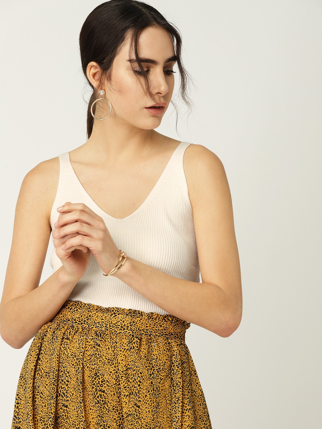 

MANGO Women Off-White Self-Striped Fitted Top