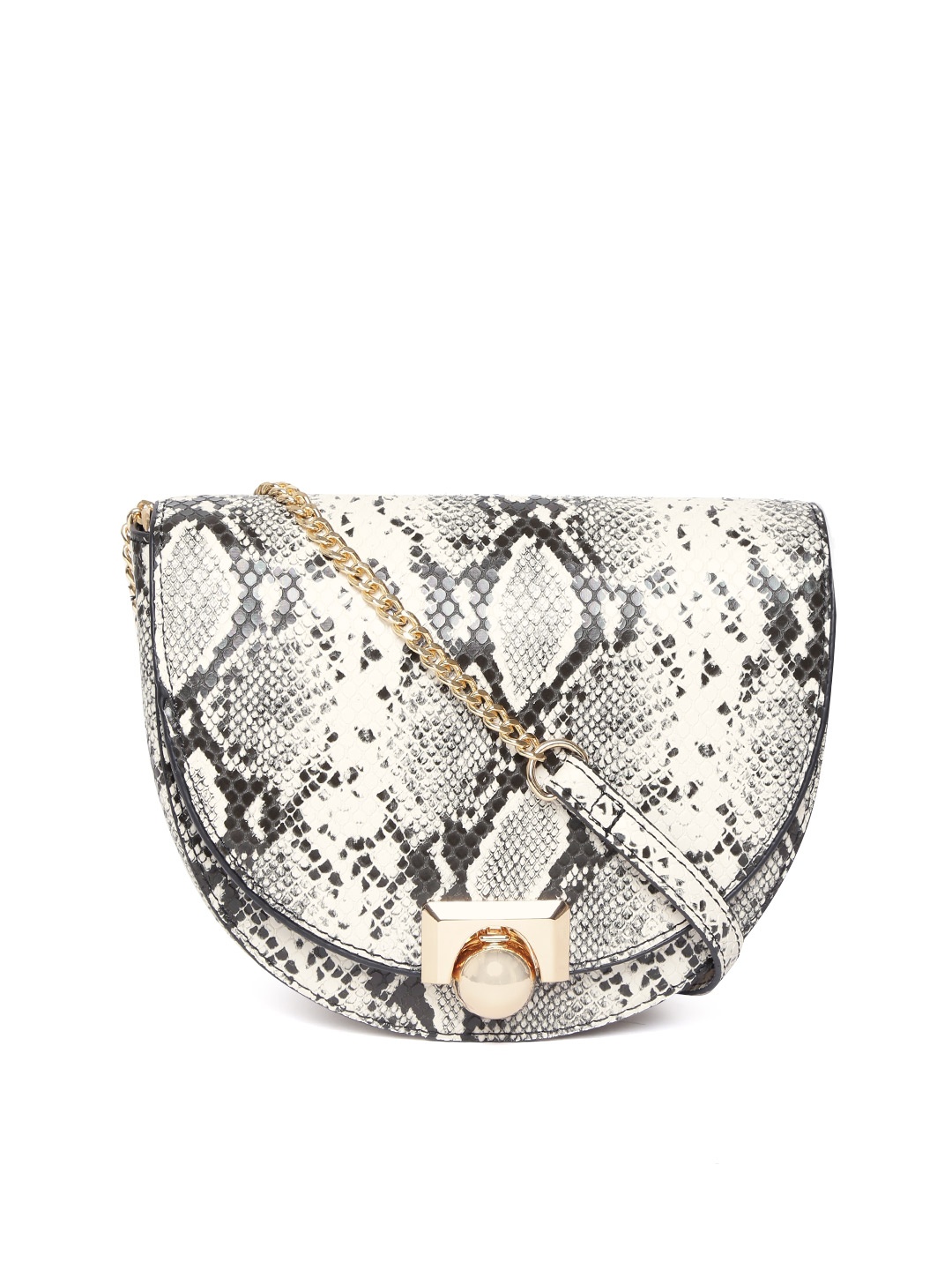 

MANGO Black & Off-White Snakeskin Textured Sling Bag