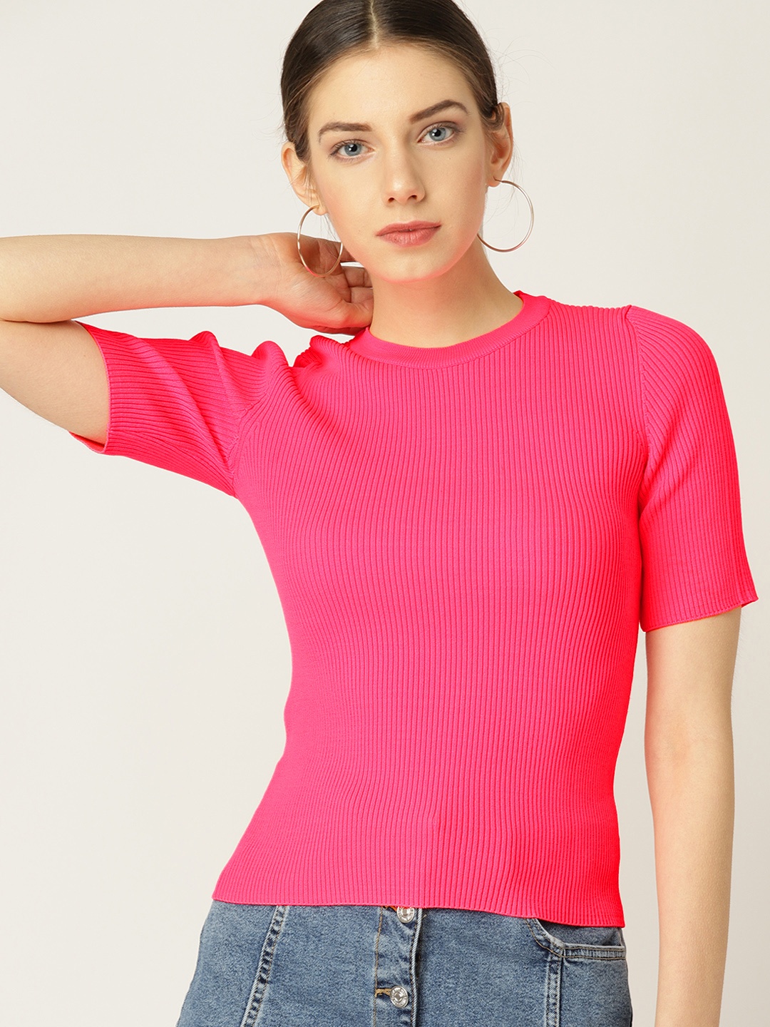 

MANGO Women Neon Pink Ribbed Fitted Top