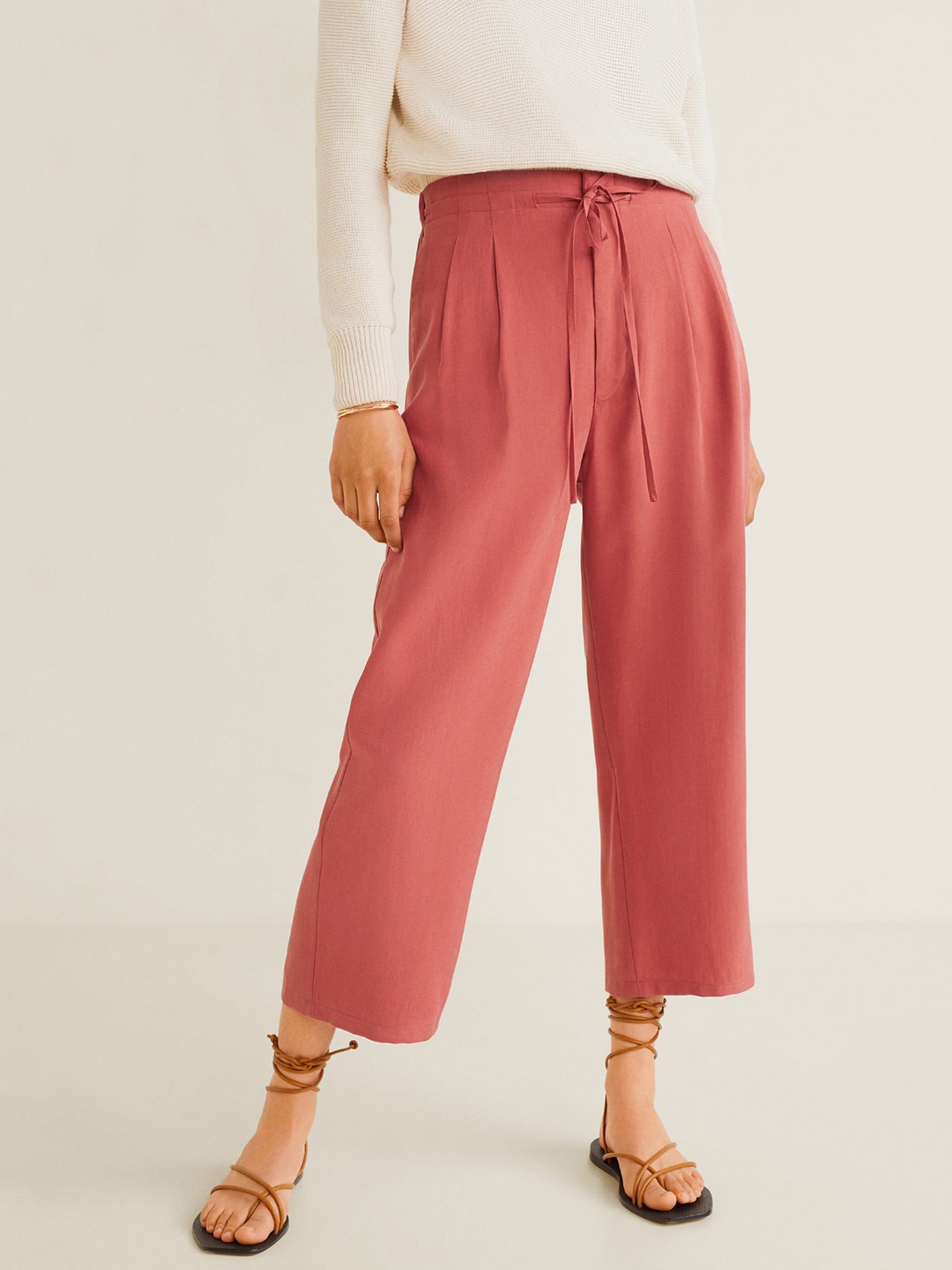 

MANGO Women Pink Regular Fit Solid Cropped Parallel Trousers