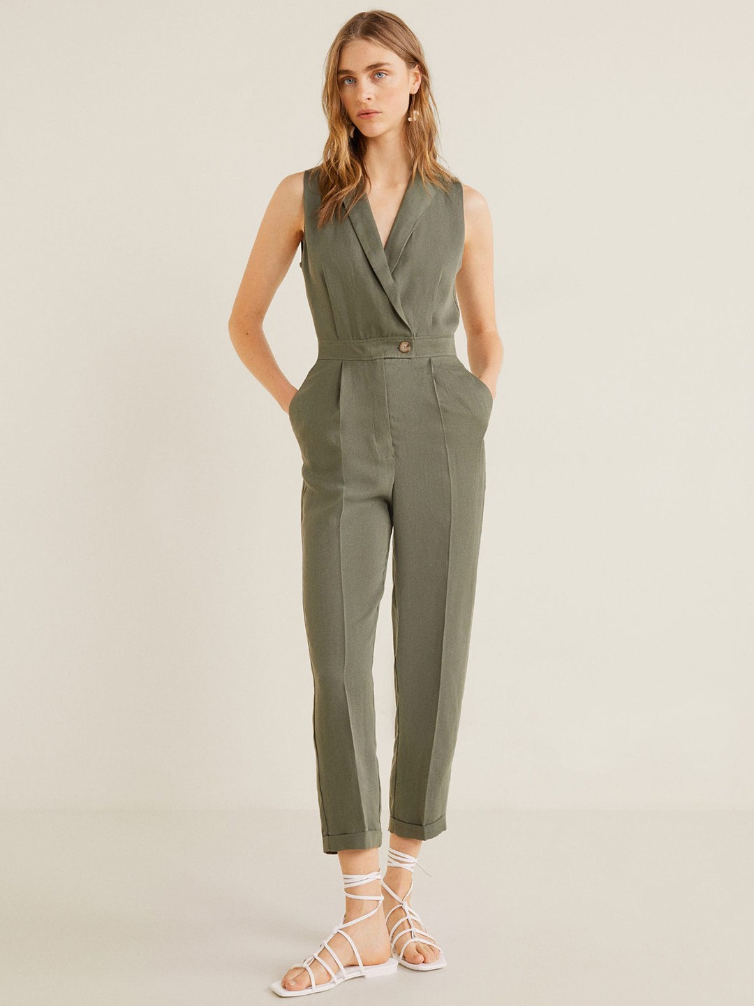 

MANGO Women Olive Green Solid Basic Jumpsuit