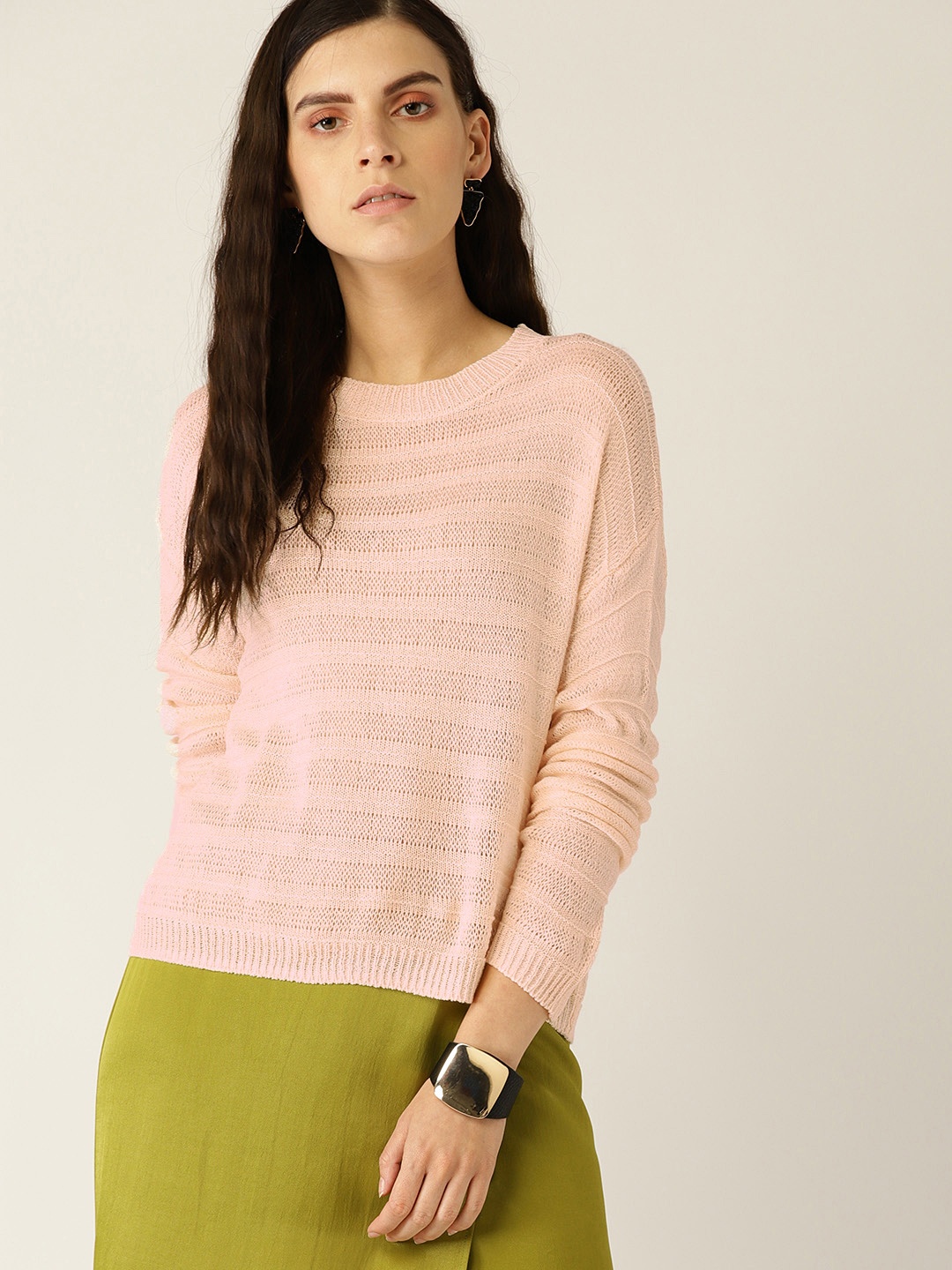 

MANGO Women Peach-Coloured Self-Striped Semi-Sheer Winter Top