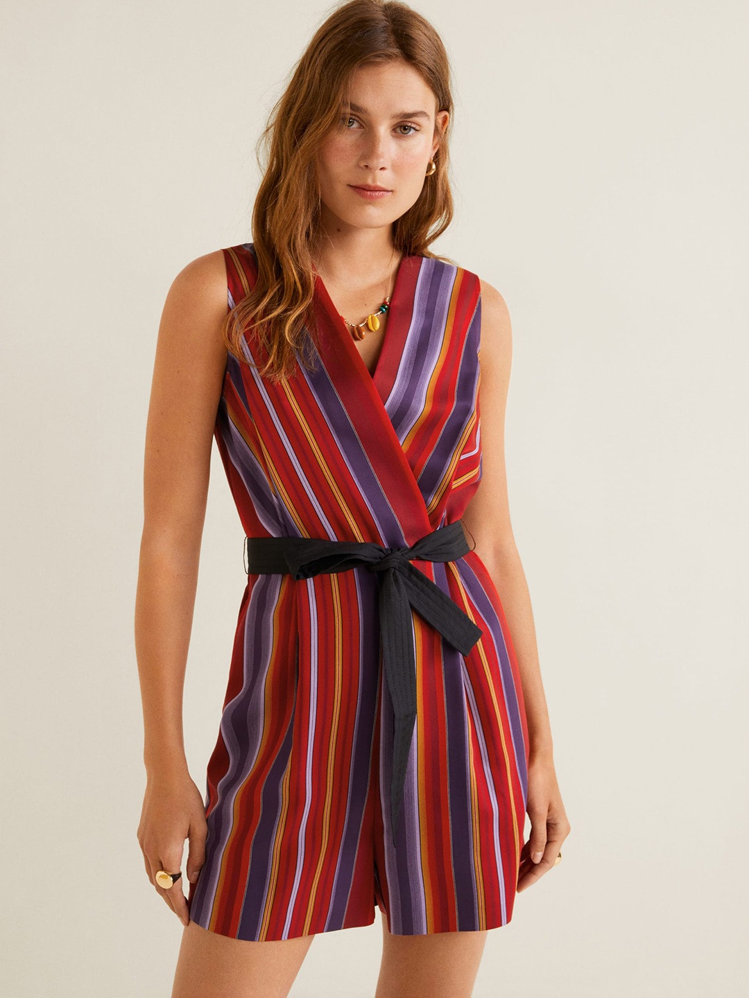 

MANGO Women Red & Purple Striped Playsuit